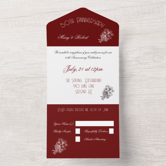 Bloeide 50ste verjaardag -  Bourgondië en Wit All In One Uitnodiging (Binnen)