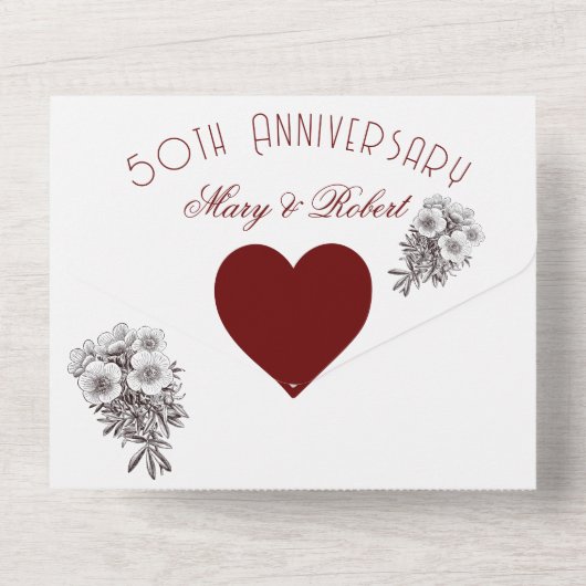 Bloeide 50ste verjaardag -  Bourgondië en Wit All In One Uitnodiging (Achterkant)