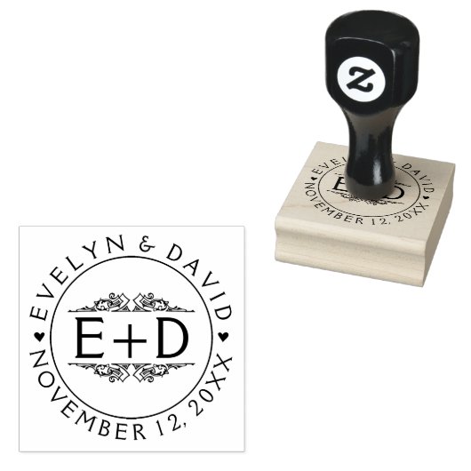  bloeien lijst, initialen & harten bruiloft rubberstempel (Gestempeld)