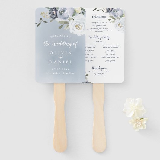 Bloeiend botanisch stoffig blauw bloemenprogramma handwaaier (Voorkant en achterkant)