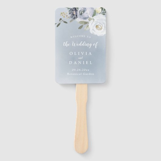 Bloeiend botanisch stoffig blauw bloemenprogramma handwaaier (Voorkant)