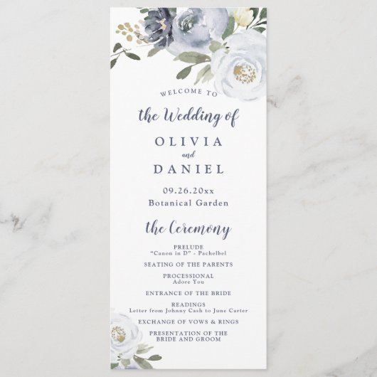 Bloeiend botanisch stoffig blauw bloemenprogramma menu (Voorkant)