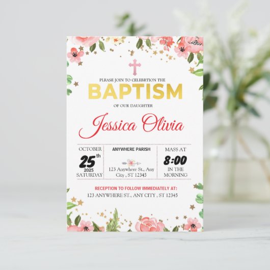 Bloeiend Geloof: Roze Bloemdoop Uitnodiging (Staand voorkant)