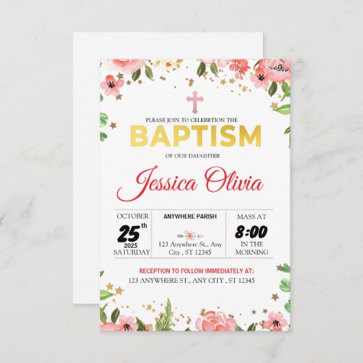 Bloeiend Geloof: Roze Bloemdoop Uitnodiging (Voorkant / Achterkant)