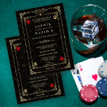 Bloeiend Goud Art Deco Casino Vegas Poker Trouwfee Kaart<br><div class="desc">Stijlvolle Casino Royale en Great Gatsby-thema kaartontwerp. Het heeft een vintage goud-zwarte art deco-stijl, een bruisende 1920's old Hollywood nep gouden bloemrijke lijst, rode harten, Q en K in twee hoeken (simuleert speelkaarten), op een goud-zwarte Art Deco-patroon achtergrond. Speciale formuleringen worden gebruikt zoals in een pokerspel. Op de achterkant nep...</div>