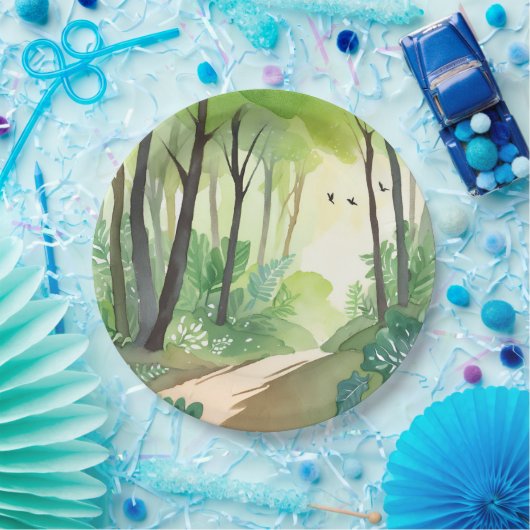 bloeiend groen bos | Natuur Waterverf Papieren Bordje (Feest)