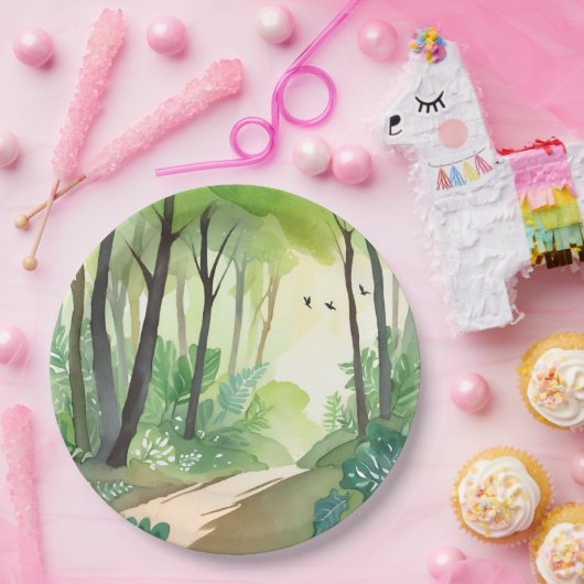 bloeiend groen bos | Natuur Waterverf Papieren Bordje (Feest)