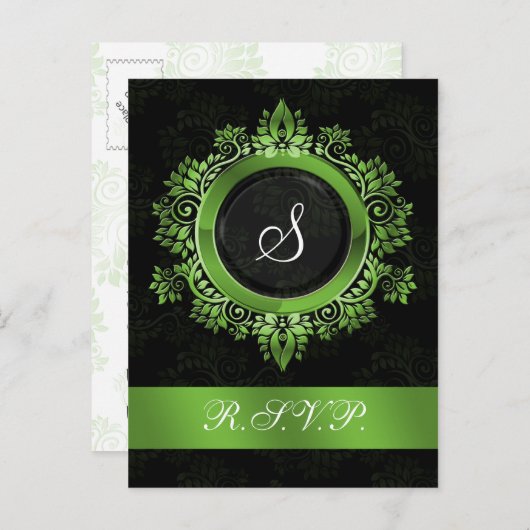 bloeiend groen monogram elegant bruiloft RSVP Uitnodiging Briefkaart (Voorkant / Achterkant)