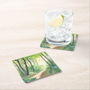 Bloeiend Groen Woud   Natuur Aquarel Kartonnen Onderzetters