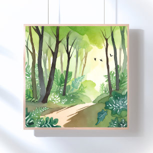 Bloeiend Groen Woud Natuur Waterverf Poster