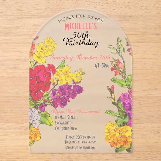 Bloeiende 50ste verjaardag transparante chic acryl uitnodigingen (Voorkant)