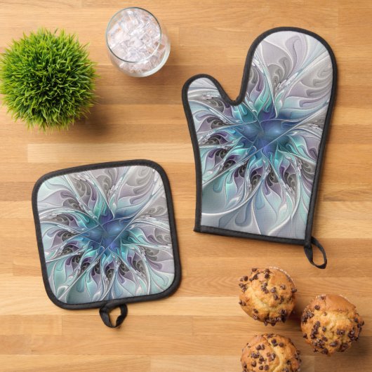 Bloeiende Abstracte Moderne Fractale Bloem Met Bla Ovenwant & Pannenlap Set (Top down)