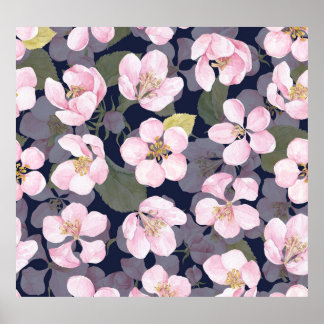 Bloeiende appel: donkerblauwe Waterverf Poster