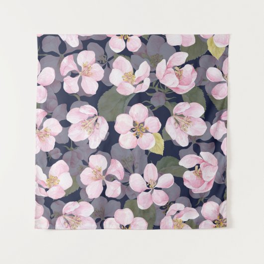 Bloeiende appel: donkerblauwe Waterverf Wandkleed (Voorkant (horizontaal))
