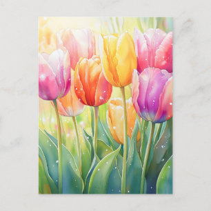 Bloeiende Aquarel Lente Tulpen Tuin Feestdagenkaart