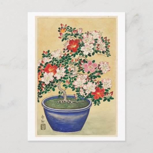 Bloeiende Azalea in Blue Pot Houtsnede Briefkaart (Voorkant)