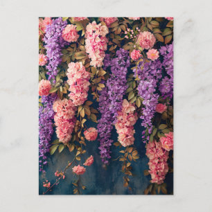 Bloeiende blauweregen en roze rozen briefkaart
