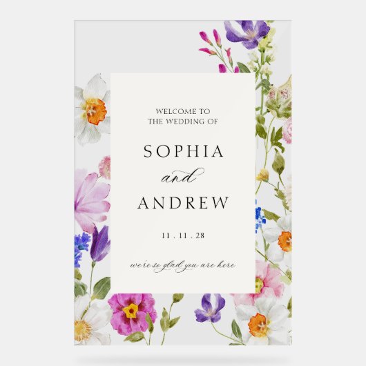 Bloeiende bloemen bruiloft welkom acryl bord (Voorkant)