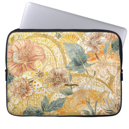 Bloeiende Bloemen en Geel Perzik Ontwerp Kunst Laptop Sleeve