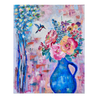 Bloeiende Bloemen & Kolibrie Olie Pastel Kunstwerk Perfect Poster