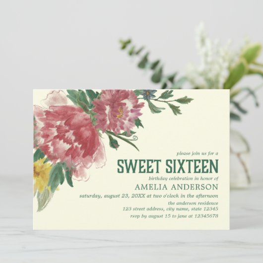 Bloeiende Bloemen Lief Zestien Verjaardag Uitnodig Kaart (Staand voorkant)