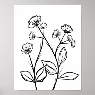 Bloeiende Bloemen Line Art Zwart-wit Poster