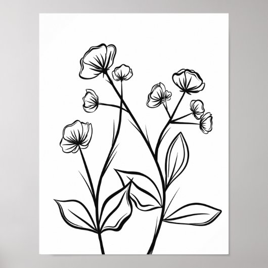 Bloeiende Bloemen Line Art Zwart-wit Poster (Voorkant)