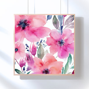 Bloeiende Bloemen   Waterverf Roze Bloemen Geschil Poster