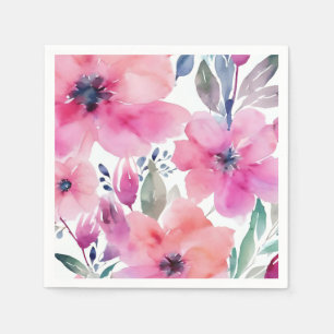 Bloeiende Bloemen   Waterverf Roze Bloemen Geschil Servet