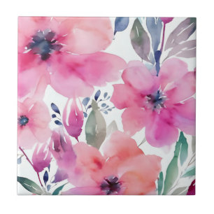 Bloeiende Bloemen   Waterverf Roze Bloemen Geschil Tegeltje