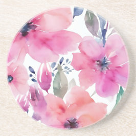 Bloeiende Bloemen | Waterverf Roze Bloemen Geschil Zandsteen Onderzetter