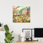 bloeiende bloementuin herenhuis waterverf poster (Thuiskantoor)