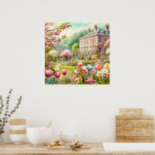 bloeiende bloementuin herenhuis waterverf poster (Keuken)