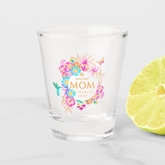 Bloeiende bloemige moeder wit shot glas (Voorkant)
