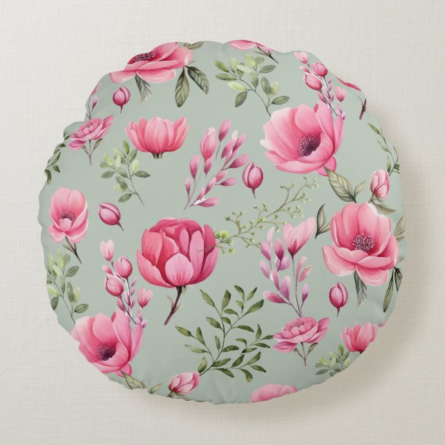 Bloeiende Blush Meadow-Bloemblaadjes Rond Kussen (Voorkant)