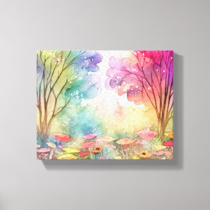 Bloeiende bomen in een bloemenveld canvas afdruk