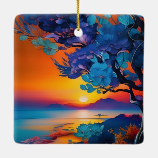 Bloeiende Boom aan het Meer bij Sunrise Keramisch Ornament (Achterkant)