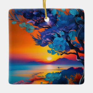 Bloeiende Boom aan het Meer bij Sunrise Keramisch Ornament