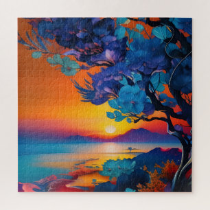 Bloeiende Boom aan het Meer bij zonsopgang Legpuzzel