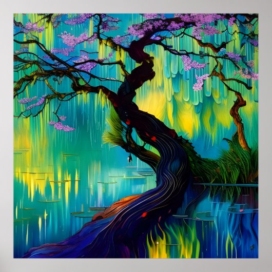 Bloeiende boom boven water poster (Voorkant)