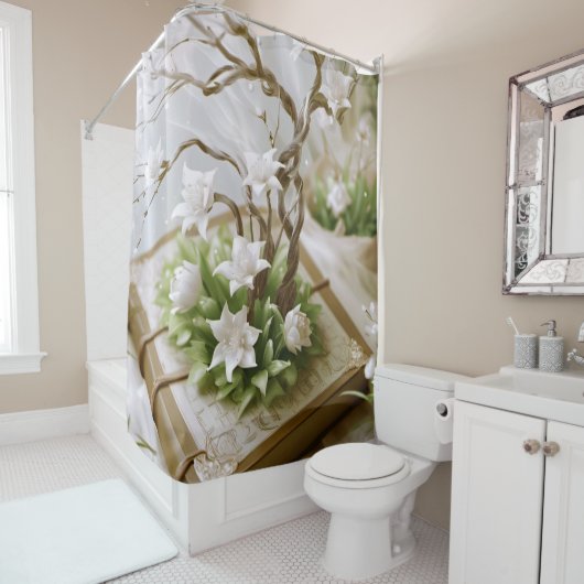 Bloeiende boom groeien uit een boek douchegordijn (In situ)