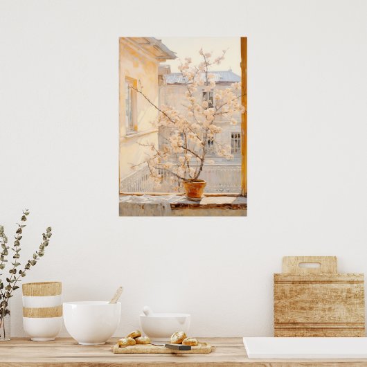Bloeiende boom op een vensterbank poster (Keuken)