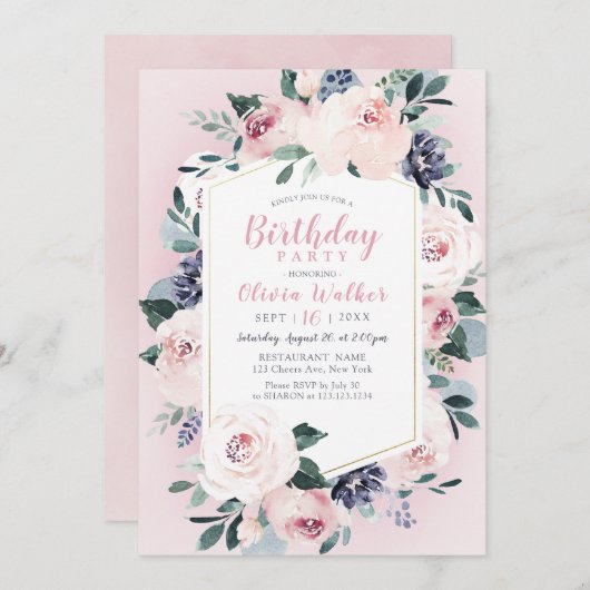 Bloeiende botanische blush bloemenverjaardagsfeest kaart (Voorkant / Achterkant)