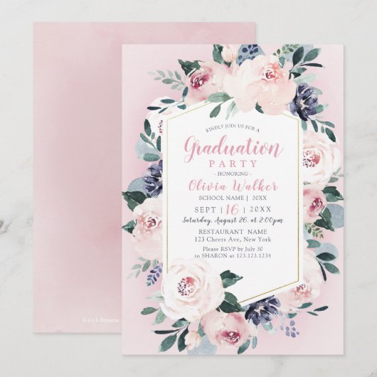 Bloeiende botanische blush bloesem graduatie party kaart (Voorkant / Achterkant)
