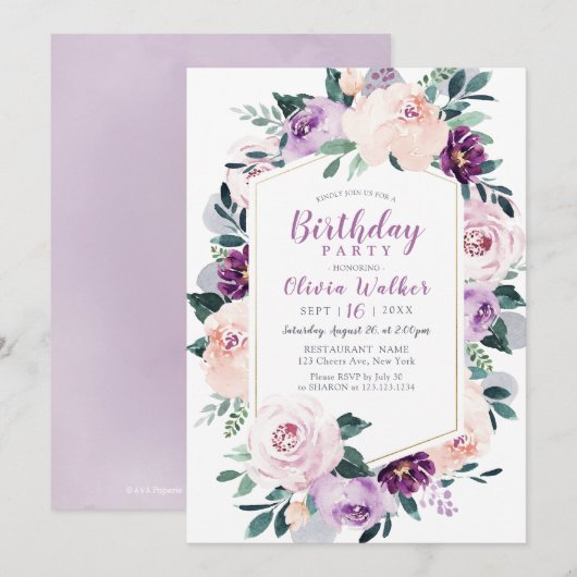 Bloeiende botanische paarse bloemen verjaardagsfee kaart (Voorkant / Achterkant)