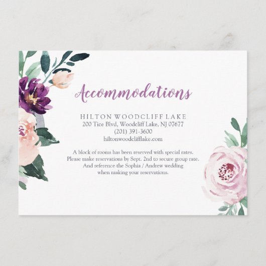 Bloeiende botanische paarse bloemenaccommodatie informatiekaartje (Voorkant)