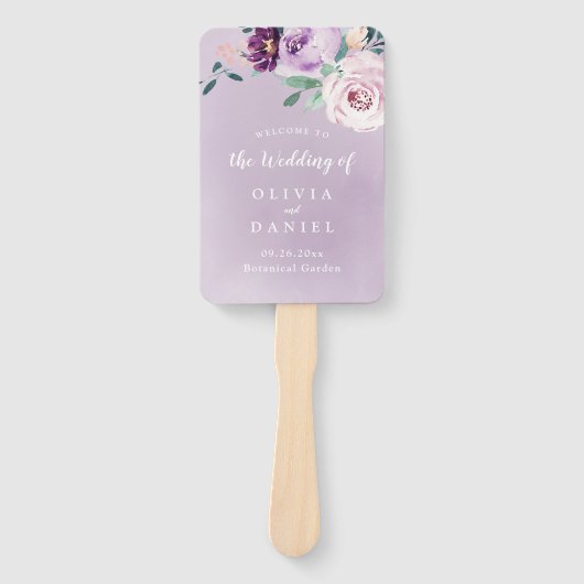Bloeiende botanische paarse bloemenbruiloft progra handwaaier (Voorkant)
