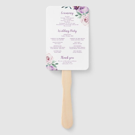 Bloeiende botanische paarse bloemenbruiloft progra handwaaier (Achterkant)