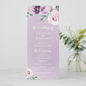 Bloeiende botanische paarse bloemenbruiloft progra menu (Staand voorkant)
