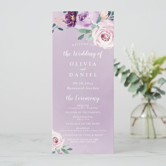 Bloeiende botanische paarse bloemenbruiloft progra menu (Staand voorkant)